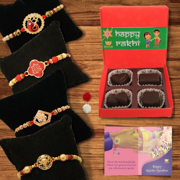BOGATCHI 4 Chocolate Box 4 Rakhi Roli Chawal and Greeting Card B | Rakhi Special Chocolates | Rakhi Gift for Sister 